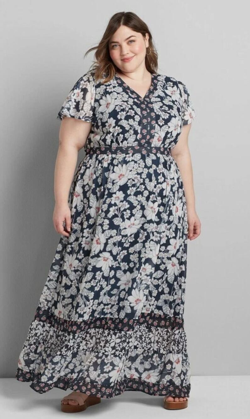 Lane Bryant Mixed Print Maxi Dress 22 Flutter Sleeves V-Neck Floral Navy Blue